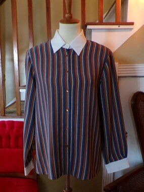 NOTATIONS Women’s Retro Long Sleeve Button-Down Striped Blouse Sz Large